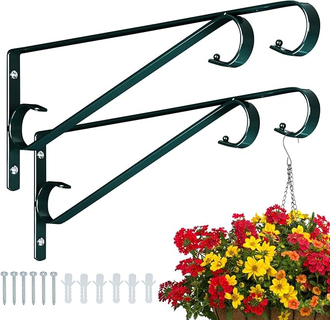 Plant Hangers Outdoor (2 Pack-15.4 Inch Blackish Green) Plant Hooks Heavy Duty Iron Plant Hanger Hook for Wall, Hanging Plant Bracket for Planters, Bird Feeders, Lanterns, Wind Chimes, Outdoor