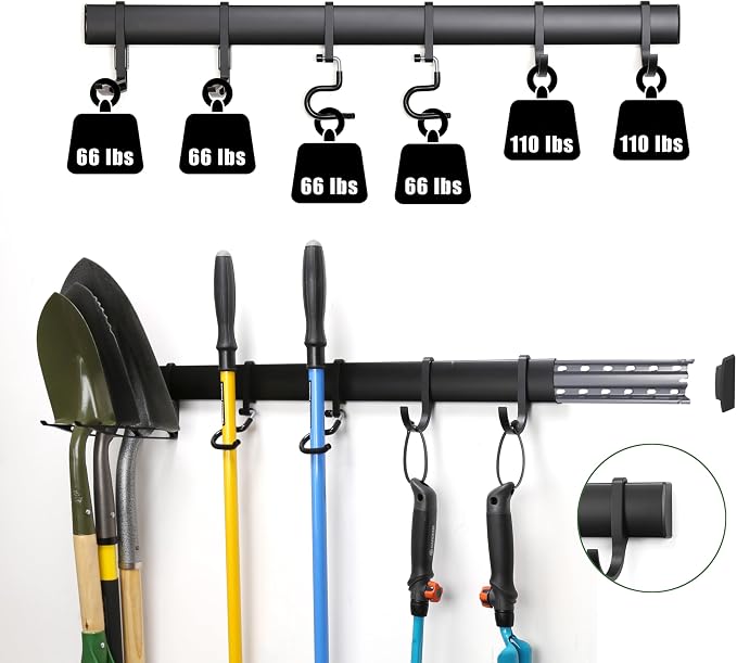 Wall-Mounted Rack With 6 Garage Hooks, Heavy-Duty Aerospace-Grade Aluminum Alloy Hooks Garage & Garden Storage for Shed, Workshop, or Home Organization – For Rakes, Shovels, Tools & More