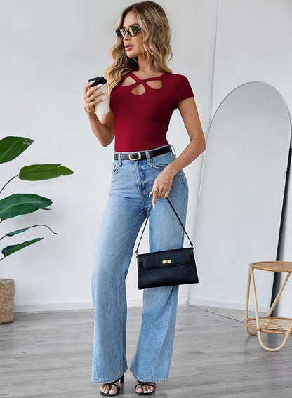Pink Queen Sexy Tops for Women Cutout Keyhole Neck Cap Sleeve Shirts Casual Summer Clothes 2026 Fashion