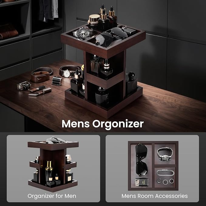 EXIN DECHEN Cologne Organizer for Men,Birthday Gifts for Men,Walnut Color | Easy Installation,360° Rotating,Boyfriend Husband Dad Gift Ideas,Mens Accessories for Desk,Bathroom Countertop,Vanity,Dresser