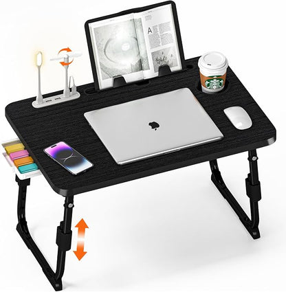 Lap Desk for Bed, Adjustable Laptop Desk with USB Charging Port, Storage Drawer & Bookshelf — Foldable Bed Desk for WFH & Students, 23.6" Desktop Fits 17" Laptop, Non-Slip, Black