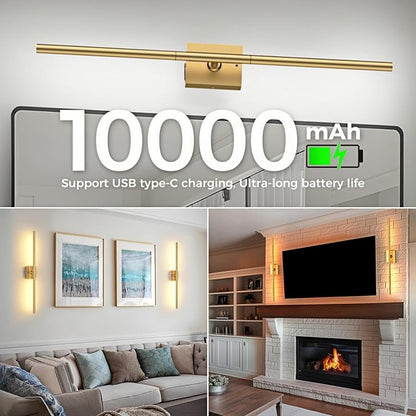 Battery Operated Wall Sconces Set of Two: Dimmable Wireless Wall Lights with Remote, 31-inch LED Rechargeable Sconces, 360° Lighting Wall Scone Decor for TV, Mirror, Bedroom, Living Room(Gold)