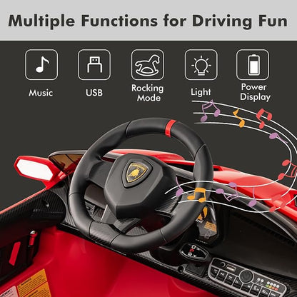 INFANS 2 Seater Kids Ride on Car, 12V 4WD Licensed Lamborghini Veneno Powered Electric Vehicle with Hydraulic Doors, Rocking Mode, Adjustable Speeds, Remote Control, MP3, Headlight (Red)