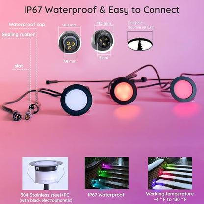 Sumaote LED Deck Lights Kit, 20 Pack 1.77" RGBW+IC Multicolor Dynamic Low Voltage Recessed Landscape Lights, IP67 Waterproof 12V Step Light Outdoor for Garden Yard Path Ground Stairs