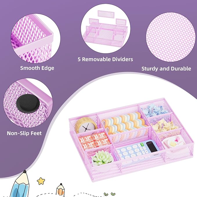 Marbrasse 2 Pack Desk Drawer Organizer, Mesh Drawer Organizer Tray with 8 Adjustable Compartments, Desk Organizers and Accessories, 5 Dividers Drawer for Office Supplies, Makeup & Vanity (Purple)