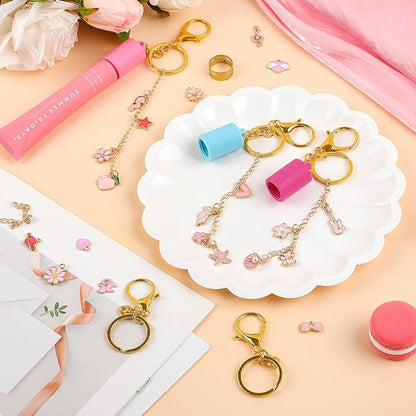 Pengxiaomei 135 Pcs DIY Keychain Making Kit for Women, 4 Pcs Lip Gloss Keychains Cap for Summer Fridays Personalized Mothers Day Gifts Bag Charm Kit with Pink Ornaments Jewelry Accessory