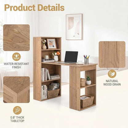 Tangkula Computer Desk with Bookshelf, Writing Study Desk with Storage Shelves & CPU Stand, Modern Compact Computer Workstation for Home & Office, Space-Saving Design(Natural) | Natural Wood Desk w/Storage Shelves & CPU Stand, Space-Saving Design Writi...