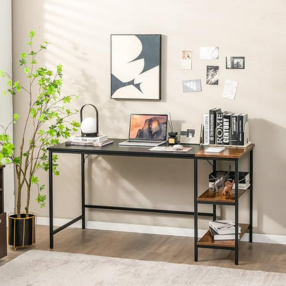 Multifunctional Computer Desk, Industrial Study Writing Desk w/Removable Storage Shelf, Heavy-Duty Metal Frame, 55 Inch Desk for Home Office, Gaming Room, Bedroom (Black)