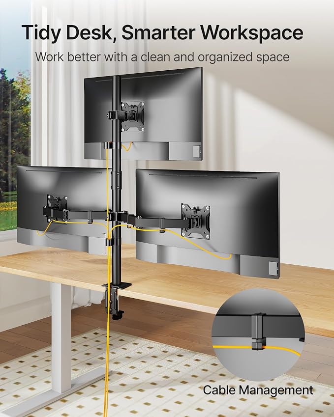 monTEK Triple Monitor Stand for 17-32" Screens, 22 lbs Each | Three-screen desk mount, height adjustment, tilt, swivel, rotation, clamp/grommet bases and VESA 75/100
