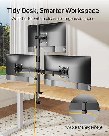 monTEK Triple Monitor Stand for 17-32" Screens, 22 lbs Each | Three-screen desk mount, height adjustment, tilt, swivel, rotation, clamp/grommet bases and VESA 75/100