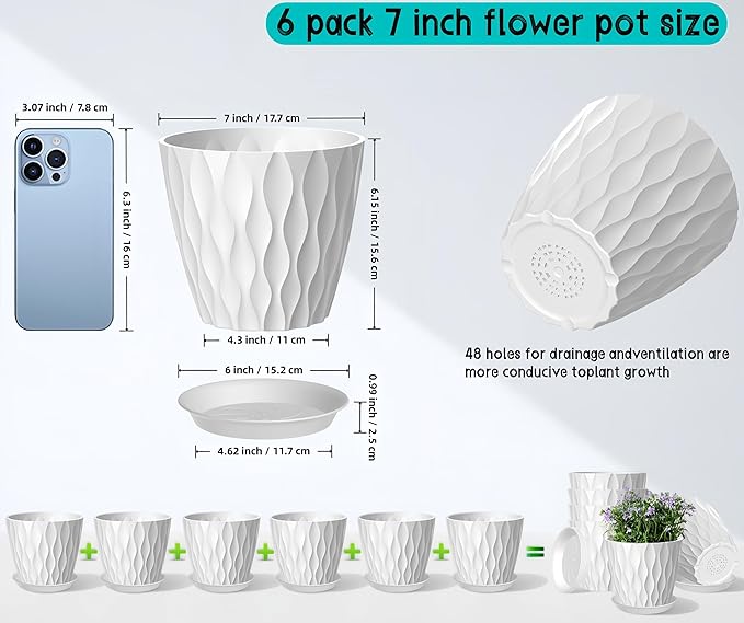 6 Pack 7 Inch Plant Pots with Drainage and Saucers, White Plastic Flower Pots for Indoor and Outdoor Plants, Stackable Nursery Planters for Houseplants and Herbs, White