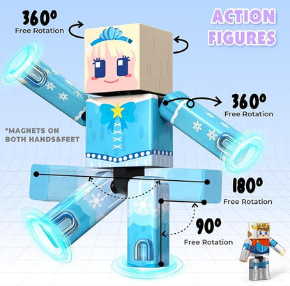 Mini Magnetic Tiles with 2 Little Action People, Light Up Frozen Tiles with Magnetic Action Figures for Princess Castle, Micro Magnet Portable Travel Toys for Kids, STEM Building Gifts for Boys Girls