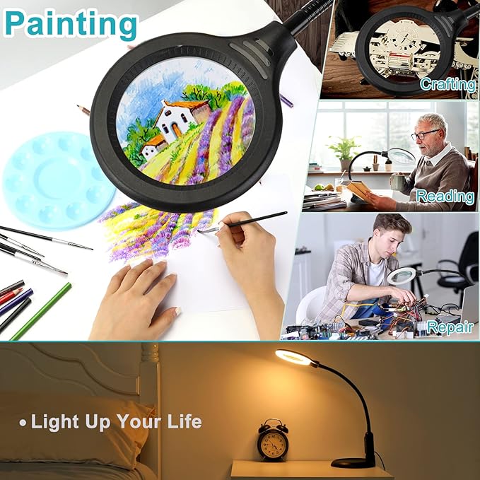 5X Magnifying Glass with Light and Clamp, 5 Color Modes Stepless Dimmable Lighted Magnifier with Stand, Flexible Gooseneck LED Desk Lamp hands Free for Craft Reading Painting Hobby Close Work