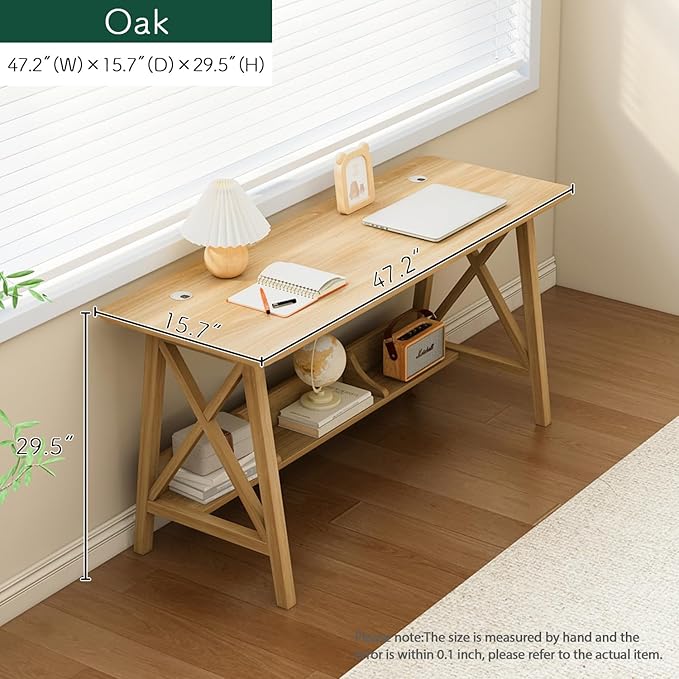 NELYE Extra Long Writing Desk with Bookshelf, 47" Wx16 Dx30 H, Oak | Wooden Home Office Work Study Table, Computer Gaming Workstation with Storage Shelf, Sturdy MDF Resists Wobble