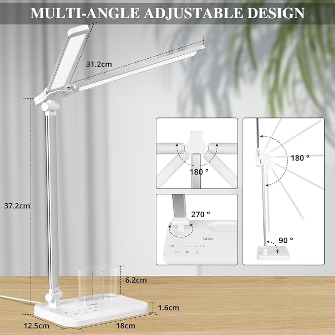 iVict Dual Swing Arm LED Desk Lamps, 5 Light Modes x 10 Brightness Levels Desk Light with USB Charging Port, 45 Minutes Auto Timer Table Lamp, Desk Lamp for Home Office, Bedroom, Reading/Study