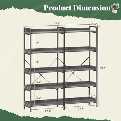 Huuger 5 Tier Bookshelf, Display Bookshelf with 10 Open Shelves and Raised Baffle, 47.2 Inch Straight Wide Bookcase with Metal Frame and Wooden Board, Adjustable Feet, Grey