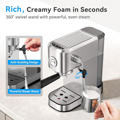 XIXUBX Espresso Machine with Milk Frother for Cappuccino & Latte for Home | 20-Bar Pump, Built-in Pressure Gauge, Powerful Steam Wand, Milk Frothing Pitcher, 42 oz Removable Water Tank, Stainless Steel