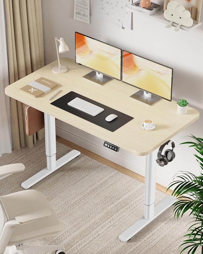 Electric Standing Desk Adjustable Height Stand Up Desk, 48" x 24" Sit Stand Desk, Low Noise Home Office Desk, Computer Desk with Whole-Piece Board, Child Lock & Memory Function, Maple