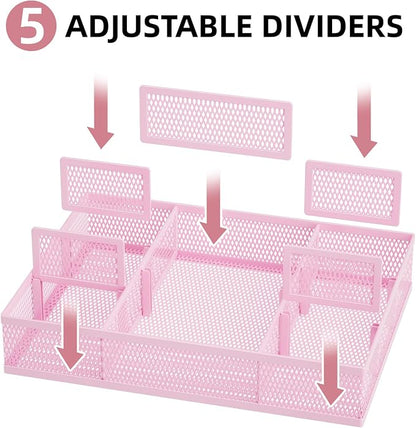 Marbrasse 2 Pack Desk Drawer Organizer, Mesh Drawer Organizer Tray with 8 Adjustable Compartments, Desk Organizers and Accessories, 5 Dividers Drawer for Office Supplies, Makeup & Vanity (Pink)
