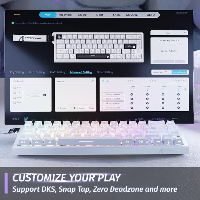 ATTACK SHARK X68HE RT Mechanical Gaming Keyboard 60% Wired TKL-WhiteContour | Adjustable Actuation,Hall Effect Magnetic Switch,8KHz Polling Rate,RGB Backlit,Top Mount,Side Printed Keycap for PC Mac Gamer
