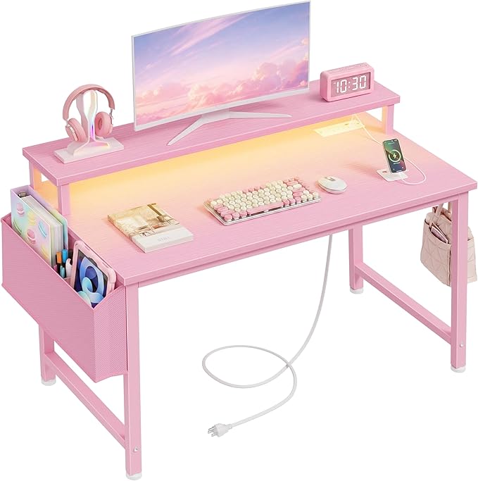 Lufeiya Small Girls Desk with Power Outlets and LED Lights, 32 Inch Gaming Desk Table with Charging Station, Home Office Computer Desks with Monitor, Pink