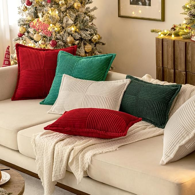 MIULEE Decorative Throw Pillow Covers for Couch Bed Livingroom 18x18 Inch Set of 2 White Boho Accent Throw Pllows Broadside Striped Patchwork Soft Corduroy Pillowcases