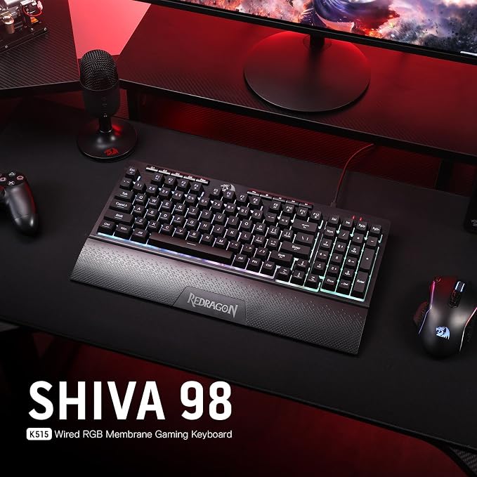 Redragon K515 Shiva Wired RGB Membrane Gaming Keyboard, 98 Keys Mechanical-Feel Keyboard w/Smooth Linear Switch, On-Board Macro & Dedicated Multimedia Keys, Detachable Wrist Rest, Software Supported