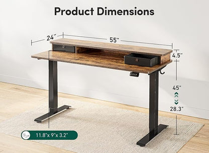 FEZIBO 55 x 24 Inch Height Adjustable Electric Standing Desk with Double Drawer, Stand Up Desk with Storage Shelf, Sit Stand Desk, Rustic Brown