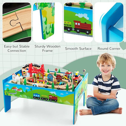 INFANS Train Table, 80 Pieces Wooden Kids Activity Toy Table Playset with Reversible Detachable Tabletop, Tracks, Train, Railway, City, Gift for Toddler Boys Girls Ages 3+ (32.5" x 23.5" x 16")