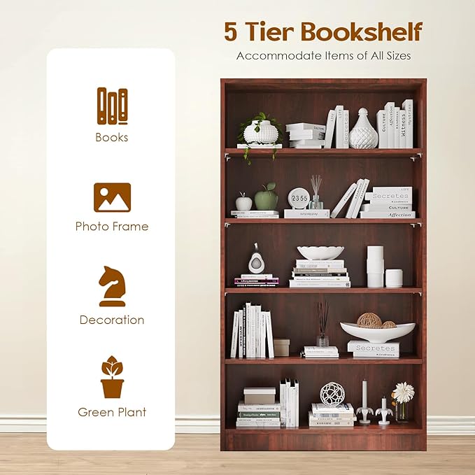 Soohow Cherry Bookcase,Bookshelf for Bedroom,60 inches Tall Wood Book Case Book Shelves,5 Shelf bookcase for Living Room