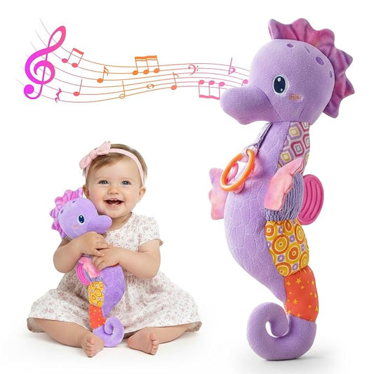 Baby Toys 0-6 Months,Infant Musical Seahorse Stuffed Animals Sensory Toys with Bright Colors,Multiple Textures,Rattles & Crinkle Sound Paper,Tummy Time Toy for Newborn Boys Girls 0-12 Months-Purple