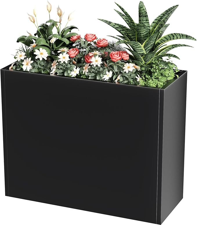 Tall Metal Planter Box for Outdoor Plants 36"L x 12"W x 26"H, Heavy Duty Steel Large Rectangular Planter Box with Removable Insert Shelf, Modern Décor for Tall Plants, Trees, Flowers (Black)