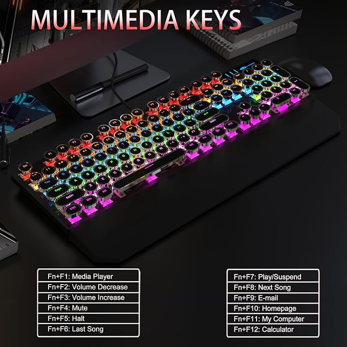 Camiysn Typewriter Style Mechanical Gaming Keyboard, Black Retro Punk Gaming Keyboard with RGB Backlit, 104 Keys Blue Switch Wired Cute Keyboards, Round Keycaps for Windows/Mac/PC
