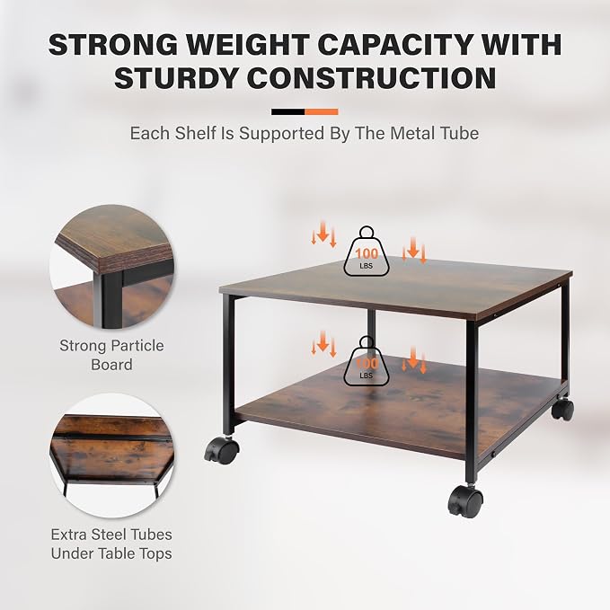 EMERIT Printer Stand,19.5''x19.5''x12.8'' 2 Tier Large Printer Laser Table Heavy Duty Rolling Printer Cart with Wheels for Home Office -100 LBS Each Tier