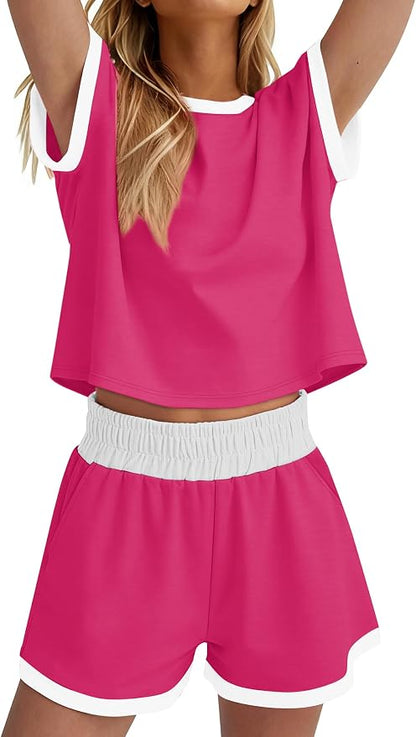 WIHOLL Two Piece Sets for Women Summer Lounge Short Sets Cap Sleeve Crew Neck Sweatsuit with Pocket XS-2XL