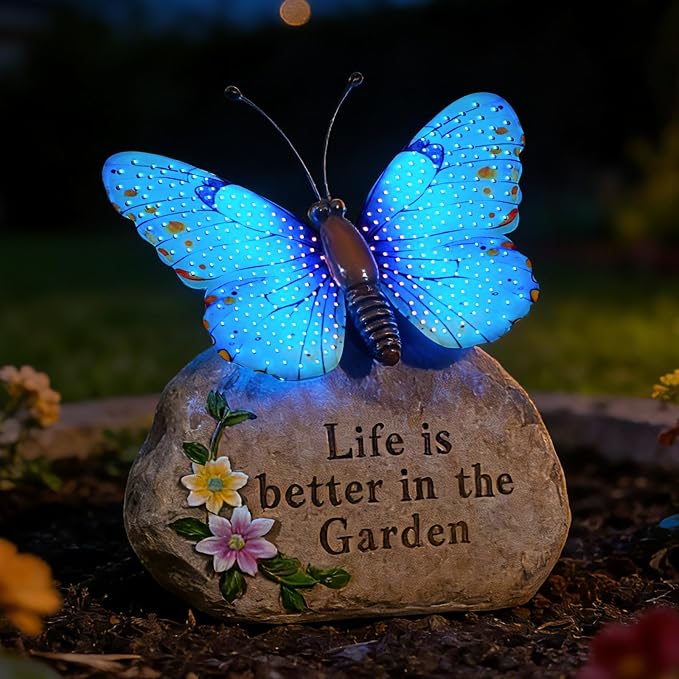 Solar LED Butterfly Garden Statue with Sparkling Light-Up Wings - Outdoor Yard Patio Decor Figurine, for Women Mom Grandma (Blue)