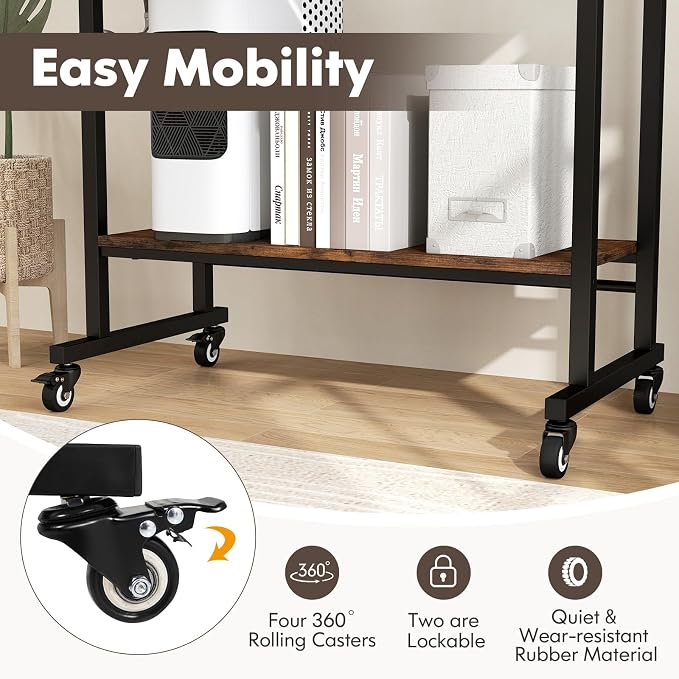 Tangkula Rolling Computer Desk Cart with Keyboard Tray, Mobile Portable Laptop PC Desk with CPU Stand & 3 Hooks for Sofa & Bed, Industrial Small Desk on Wheels for Small Spaces, Home Office Desk