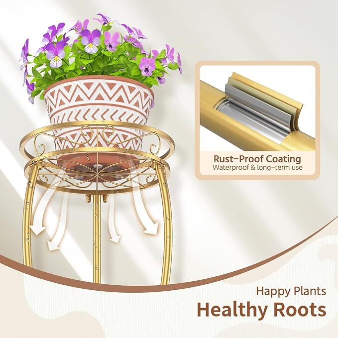 LASZOLA Gold 3 Tier Tall Plant Stand for Indoor Outdoor, Large Multiple Level Flower Planter Holder Organizer Rack for Patio Office Bathroom Corner Floor, Sturdy Heavy Duty Metal, Vertical Display
