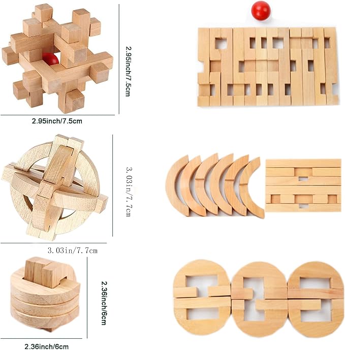 Arlai 12 pcs Wooden Brain Teaser Puzzle and Metal 3D Unlock Interlocking Jigsaw Educational Toy for Kids and Adults Brain Games Durable Easy to Assemble Birthday Gifts Educational Toys