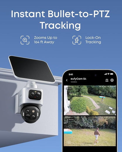eufy Security eufyCam S4 2-Cam Kit, 4K Solar Wireless Outdoor Security System,3-Lens Bullet-PTZ cam, 360° Coverage,Cross-Cam Track, AI Facial Recognition, 8X Zoom,0 Monthly Fee,Expandable up to 16TB