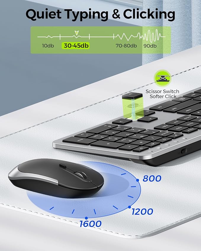 Wireless Keyboard and Mouse Combo - seenda Full Size Slim Thin Wireless Keyboard Mouse with On/Off Switch on Both Keyboard and Mouse - (Black and Silver)
