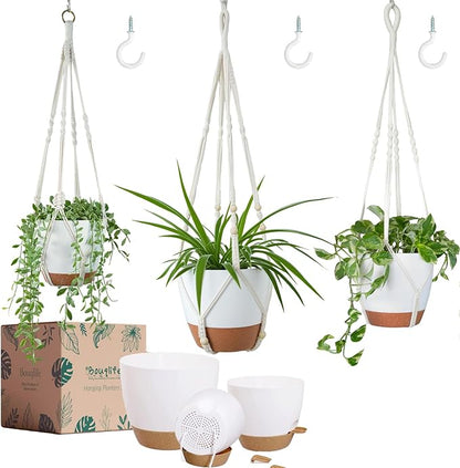 Set of 3 Hanging Planters for Indoor Plants with 10"/8"/7" Self-Watering Hanging Pots, Hanging Plant Pots with Drainage, 3 Different Size Macrame Plant Hangers with Hooks White Large
