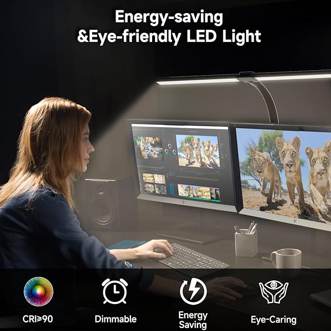 SKYLEO Desk Lamp - Double Head LED Desk Light for Home office - 24W Eye Caring - Touch Control - 5 Color Modes X 11 Brightness Levels - 2400LM - Timmer & Memory Function - Black