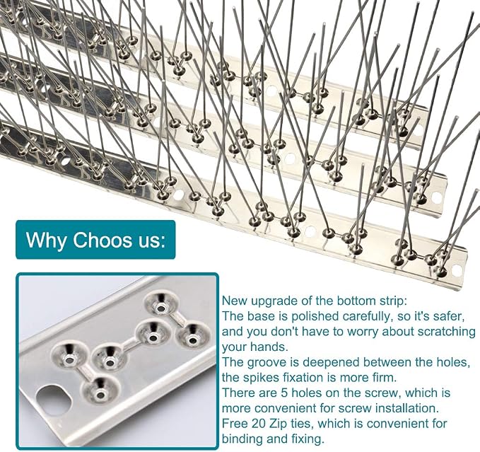 Bird Spikes Cover 11Feet Stainless Steel Pigeons Spikes Small Bird Spikes for Roof Fence Window Mailbox(10pcs)