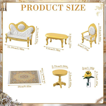 Skylety 7 Pcs Wooden Dollhouse Furniture Set 1: 12 Scale Victorian Dollhouse Bedroom Furniture, Bed Dressing Table Wardrobe Carpet for Adults Toys Miniature Doll House Accessories(Gold,Fashion)
