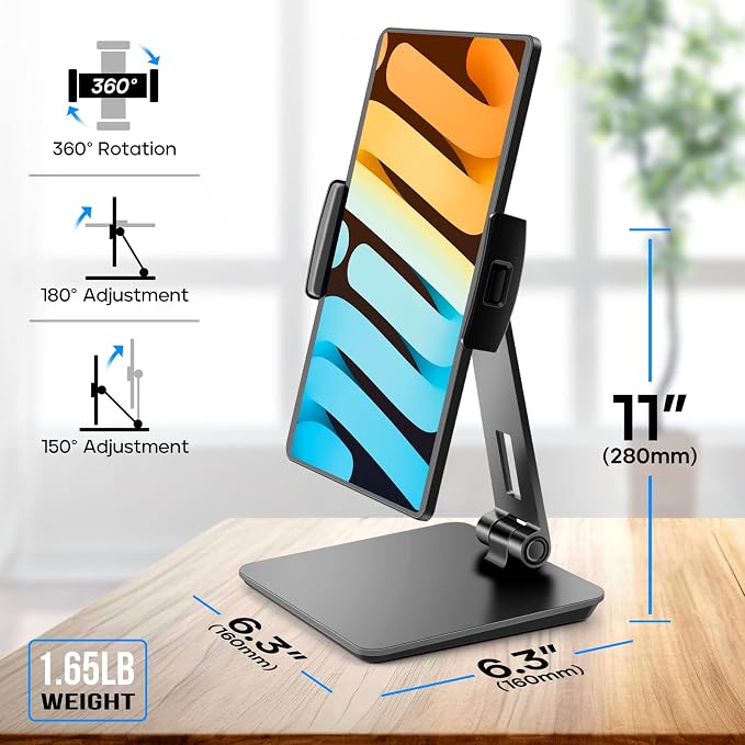 ROADOM Tablet Stand, Adjustable 360° Swivel Bracket, 180° Tiltable Clamp,Foldable Tablet Holder for 4.7-17.3'' iPhone/iPad/Tablet/Portable Monitor, Aluminum Alloy, Black