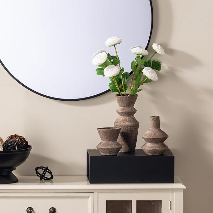 Ceramic Vase Home Table Decor - Brown Flower Vase Set of 3 Living Room Kitchen Decorations Farmhouse Modern Rustic Vases Decorative Centerpiece for Shelf Bedroom Office Bathroom Dining Coffee Desk