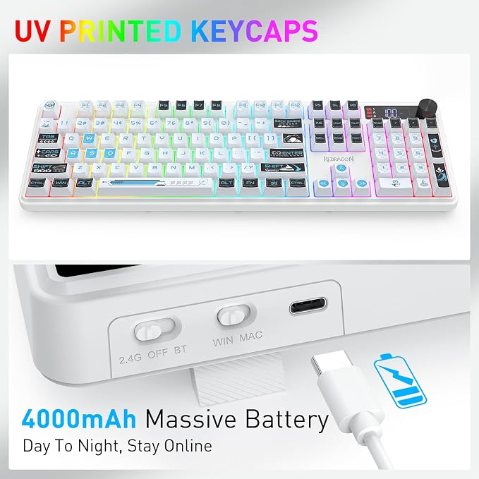 Redragon K526 PRO Wireless RGB Membrane Gaming Keyboard, LED Screen & Knob | See Battery, Mode & Time at a Glance, 0-Delay Tri-Mode, One-Touch Backlit & Media Adjust, 26-Key Anti-Ghost for Combo-Strike