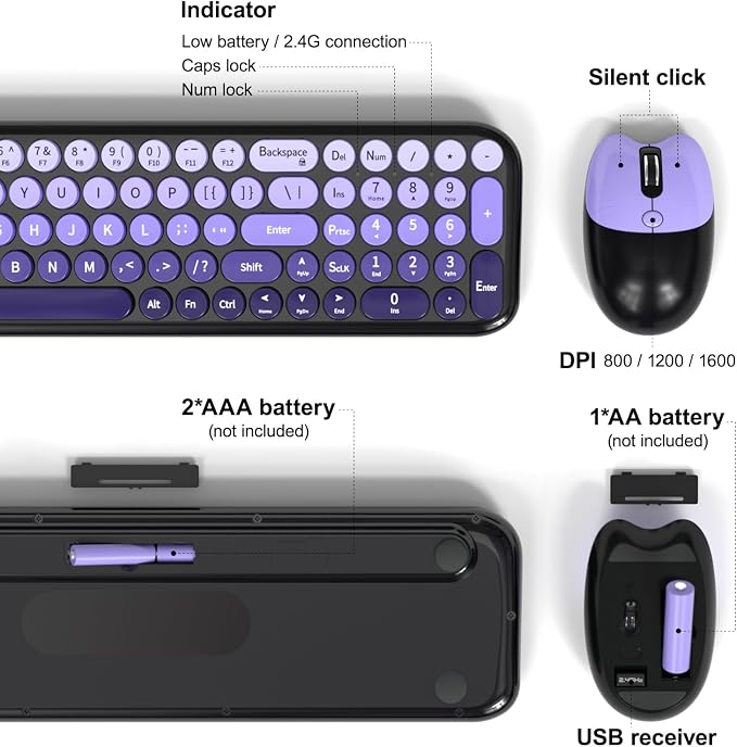 MOFII Wireless Keyboard and Mouse Combo, Compact Typewriter Retro Round Computer Keyboard and Mouse Set, Plug and Play, for Windows, Computer, Desktop, PC, Notebook - (Black Purple Gradient)