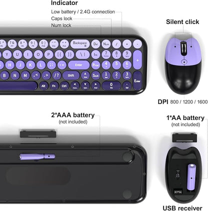 MOFII Wireless Keyboard and Mouse Combo, Compact Typewriter Retro Round Computer Keyboard and Mouse Set, Plug and Play, for Windows, Computer, Desktop, PC, Notebook - (Black Purple Gradient)